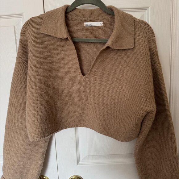 Oak + Fort cropped knit sweater with collar, Beige, size S - Picture 3 of 6
